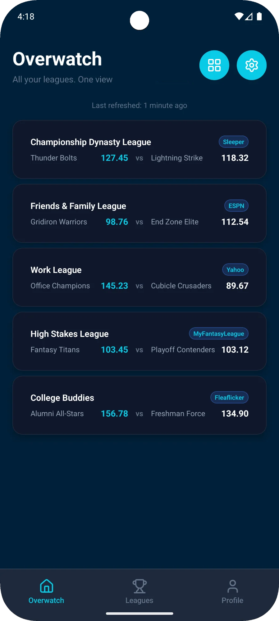 FFOver.watch app showing multiple fantasy football leagues